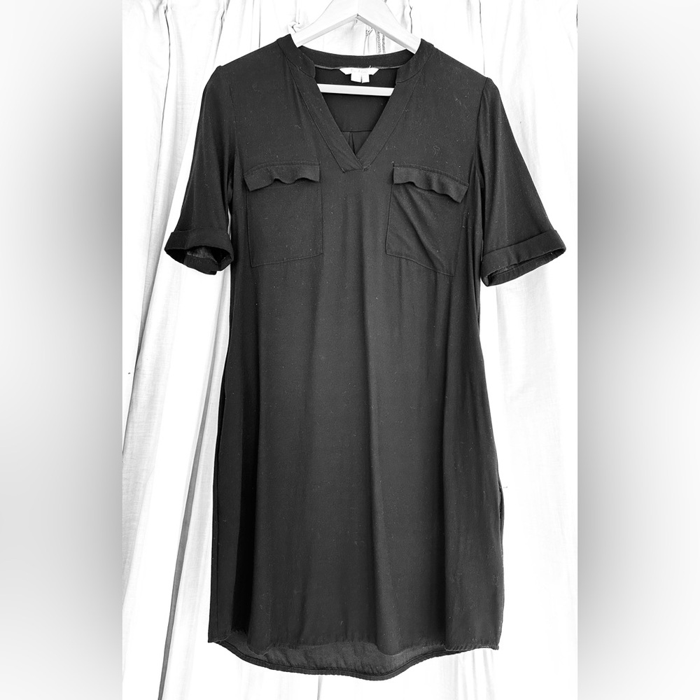 BODEN Black Sheath Shirt Dress. Short Sleeve w/ Double Pockets. Classic LBD